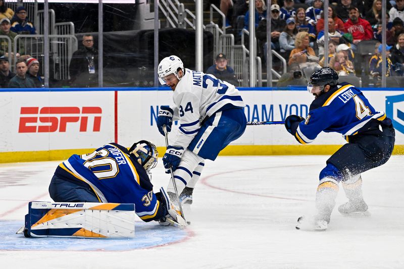 Feb 19, 2024; St. Louis, Missouri, USA;  Toronto Maple Leafs center Auston Matthews (34) shoots against St. Louis Blues goaltender Joel Hofer (30) during the third period at Enterprise Center. Mandatory Credit: Jeff Curry-USA TODAY Sports