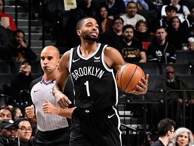 BROOKLYN, NY - DECEMBER 23: Mikal Bridges #1 of the Brooklyn Nets handles the ball during the game against the Detroit Pistons on December 23, 2023 at Barclays Center in Brooklyn, New York. NOTE TO USER: User expressly acknowledges and agrees that, by downloading and or using this Photograph, user is consenting to the terms and conditions of the Getty Images License Agreement. Mandatory Copyright Notice: Copyright 2023 NBAE (Photo by David Dow/NBAE via Getty Images)