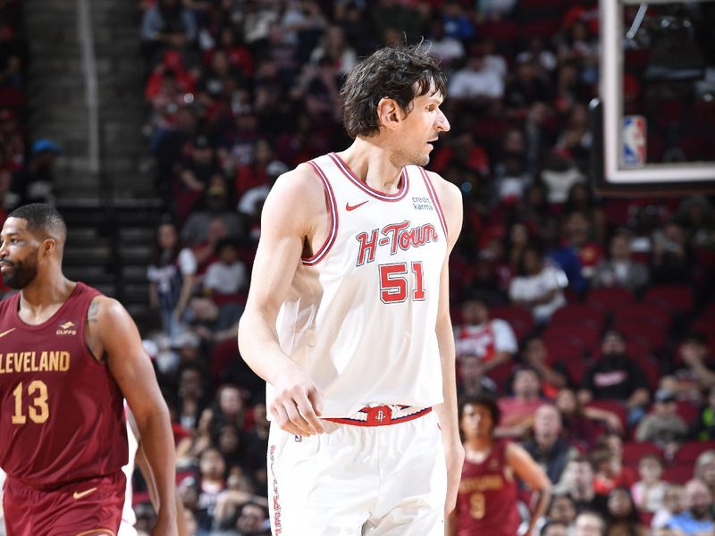 HOUSTON, TX - MARCH 16: Boban Marjanovic #51 of the Houston Rockets looks on during the game against the Cleveland Cavaliers  on March 16, 2023 at the Toyota Center in Houston, Texas. NOTE TO USER: User expressly acknowledges and agrees that, by downloading and or using this photograph, User is consenting to the terms and conditions of the Getty Images License Agreement. Mandatory Copyright Notice: Copyright 2024 NBAE (Photo by Logan Riely/NBAE via Getty Images)