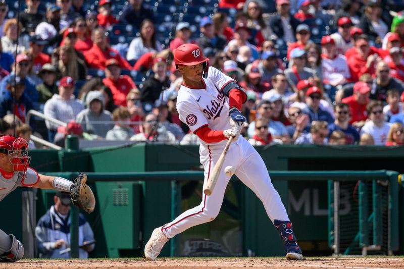 Apr 7, 2024; Washington, District of Columbia, USA; Washington Nationals third base Trey Lipscomb (38) at bat during the third inning against the Philadelphia Phillies at Nationals Park. Mandatory Credit: Reggie Hildred-USA TODAY Sports