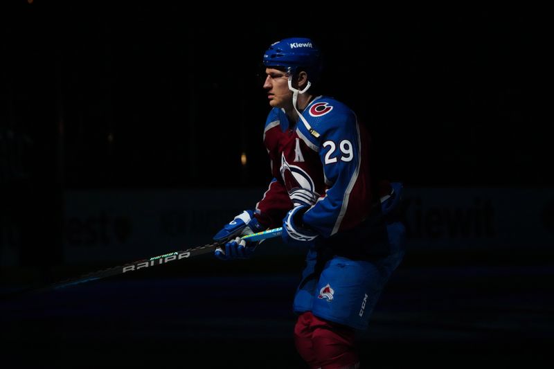 Apr 18, 2024; Denver, Colorado, USA; Colorado Avalanche center Nathan MacKinnon (29) before the game against the Edmonton Oilers at Ball Arena. Mandatory Credit: Ron Chenoy-USA TODAY Sports