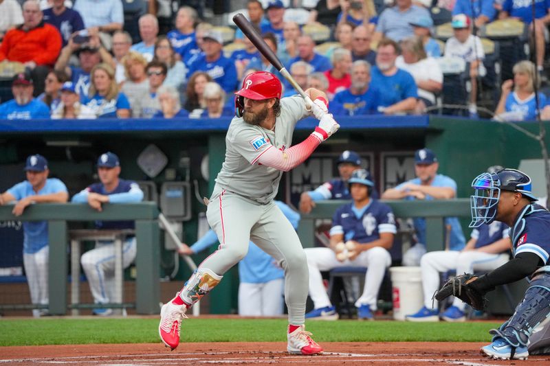 Aug 23, 2024; Kansas City, Missouri, USA; Philadelphia Phillies first baseman Bryce Harper (3) at bat against the Kansas City Royals in the first inning at Kauffman Stadium. Mandatory Credit: Denny Medley-USA TODAY Sports