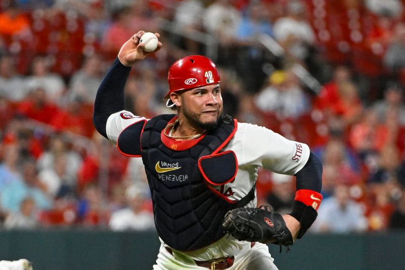 Jul 29, 2024; St. Louis, Missouri, USA;  St. Louis Cardinals catcher Willson Contreras (40) throws to first against the Texas Rangers during the seventh inning at Busch Stadium. Mandatory Credit: Jeff Curry-USA TODAY Sports