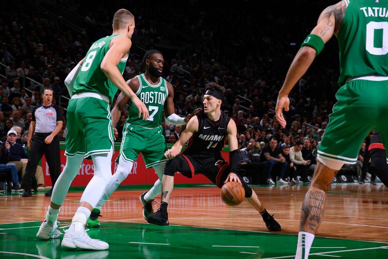 BOSTON, MA - APRIL 24: Tyler Herro #14 of the Miami Heat goes to the basket during the game against the Boston Celtics during Round 1 Game 2 of the 2024 NBA Playoffs on April 24, 2024 at the TD Garden in Boston, Massachusetts. NOTE TO USER: User expressly acknowledges and agrees that, by downloading and or using this photograph, User is consenting to the terms and conditions of the Getty Images License Agreement. Mandatory Copyright Notice: Copyright 2024 NBAE  (Photo by Brian Babineau/NBAE via Getty Images)