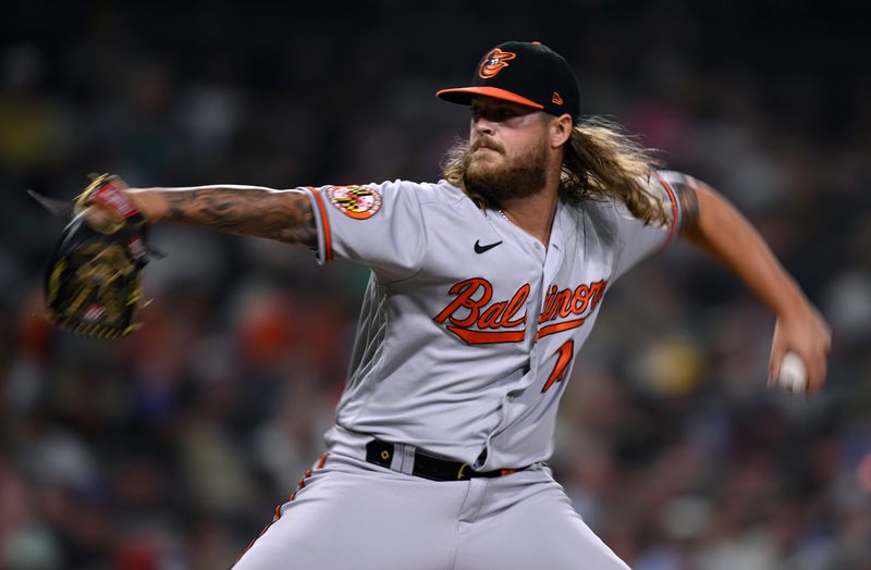 Aug 15, 2023; San Diego, California, USA; Baltimore Orioles relief pitcher Nick Vespi (79) throws a pitch against the San Diego Padres during the fourth inning at Petco Park. Mandatory Credit: Orlando Ramirez-USA TODAY Sports