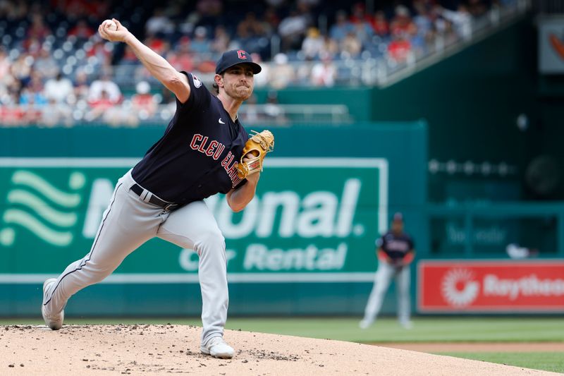 Apr 16, 2023; Washington, District of Columbia, USA; Cleveland Guardians starting pitcher Shane Bieber (57) pitches against the Washington Nationals during the first inning at Nationals Park. Mandatory Credit: Geoff Burke-USA TODAY Sports