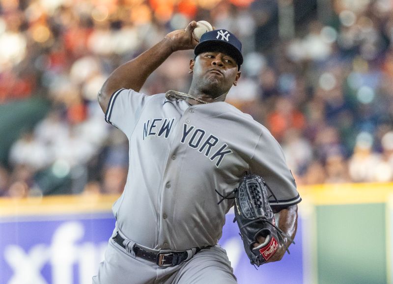 Sep 2, 2023; Houston, Texas, USA;  New York Yankees starting pitcher Luis Severino (40) pitches against the Houston Astros in the first inning at Minute Maid Park. Mandatory Credit: Thomas Shea-USA TODAY Sports