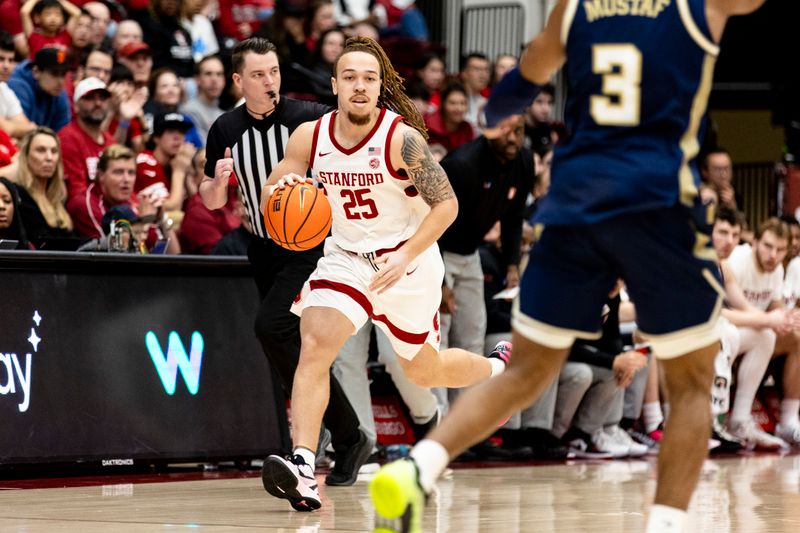Feb 7, 2026; Stanford, California, USA; Stanford Cardinal guard Jeremy Dent-Smith (25) drives down the court against the Georgia Tech Yellow Jackets during the first half at Maples Pavilion. Mandatory Credit: John Hefti-Imagn Images