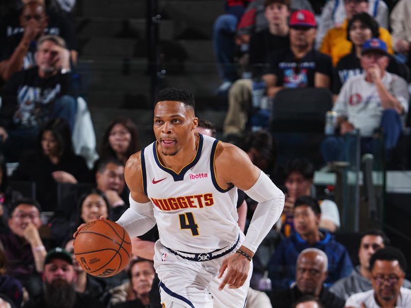 INGLEWOOD, CA - APRIL 24:  Russell Westbrook #4 of the Denver Nuggets drives to the basket during the game against the LA Clippers during Round 1 Game 3 of the 2025 NBA Playoffs on April 24, 2025 at Intuit Dome in Los Angeles, California. NOTE TO USER: User expressly acknowledges and agrees that, by downloading and/or using this Photograph, user is consenting to the terms and conditions of the Getty Images License Agreement. Mandatory Copyright Notice: Copyright 2025 NBAE (Photo by Garrett Ellwood/NBAE via Getty Images)