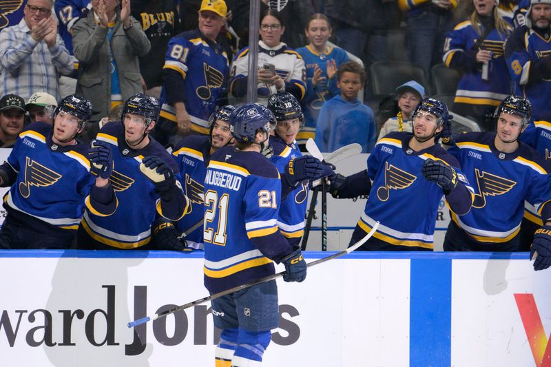 Oct 18, 2025; St. Louis, Missouri, USA; St. Louis Blues right wing Jimmy Snuggerud (21) is congratulated by teammates after scoring against the Dallas Stars during the second period at Enterprise Center. Mandatory Credit: Jeff Le-Imagn Images