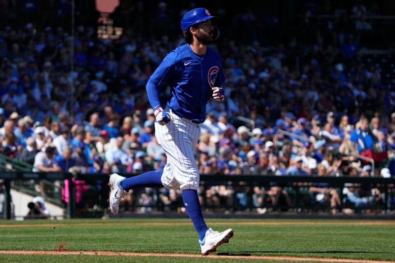 Feb 29, 2024; Mesa, Arizona, USA; Chicago Cubs shortstop Dansby Swanson (7) walks against the Colorado Rockies in the first inning at Sloan Park. Mandatory Credit: Rick Scuteri-USA TODAY Sports