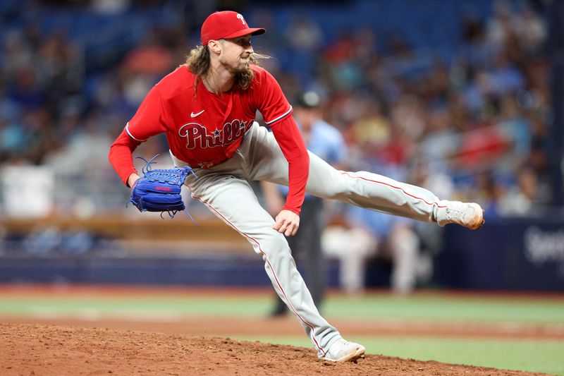 Jul 6, 2023; St. Petersburg, Florida, USA;  Philadelphia Phillies relief pitcher Matt Strahm (25) throws a pitch against the Tampa Bay Rays in the eleventh inning at Tropicana Field. Mandatory Credit: Nathan Ray Seebeck-USA TODAY Sports