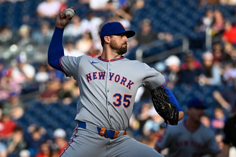 Apr 26, 2025; Washington, District of Columbia, USA; New York Mets starting pitcher Clay Holmes (35) throws to the Washington Nationals during the second inning at Nationals Park. Mandatory Credit: Brad Mills-Imagn Images
