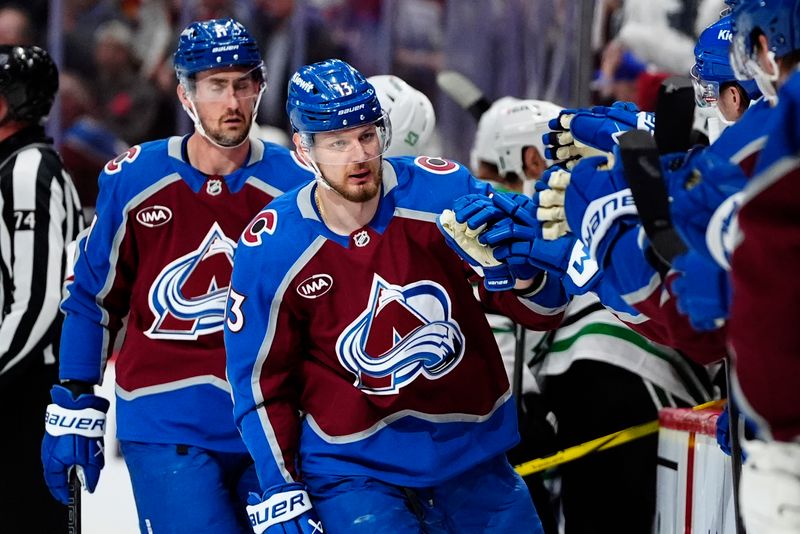 May 1, 2025; Denver, Colorado, USA; Colorado Avalanche right wing Valeri Nichushkin (13) celebrates his goal in the first period against the Dallas Stars in game six of the first round of the 2025 Stanley Cup Playoffs at Ball Arena. Mandatory Credit: Ron Chenoy-Imagn Images