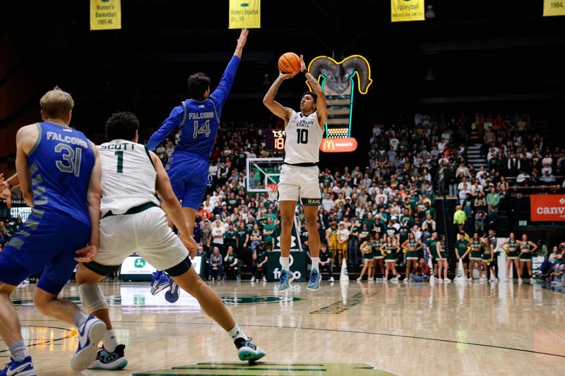 Jan 16, 2024; Fort Collins, Colorado, USA; Colorado State Rams guard Nique Clifford (10) attempts a shot against Air Force Falcons forward Beau Becker (14) as forward Joel Scott (1) and forward Rytis Petraitis (31) battle for position in the second half at Moby Arena. Mandatory Credit: Isaiah J. Downing-USA TODAY Sports