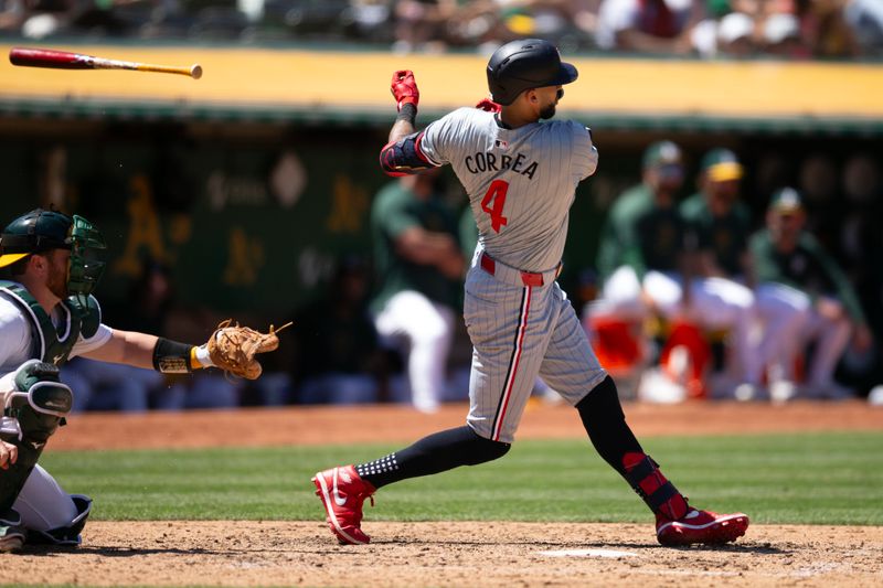 Jun 22, 2024; Oakland, California, USA; Minnesota Twins shortstop Carlos Correa (4) loses his bat during the seventh inning against the Oakland Athletics at Oakland-Alameda County Coliseum. Mandatory Credit: D. Ross Cameron-USA TODAY Sports