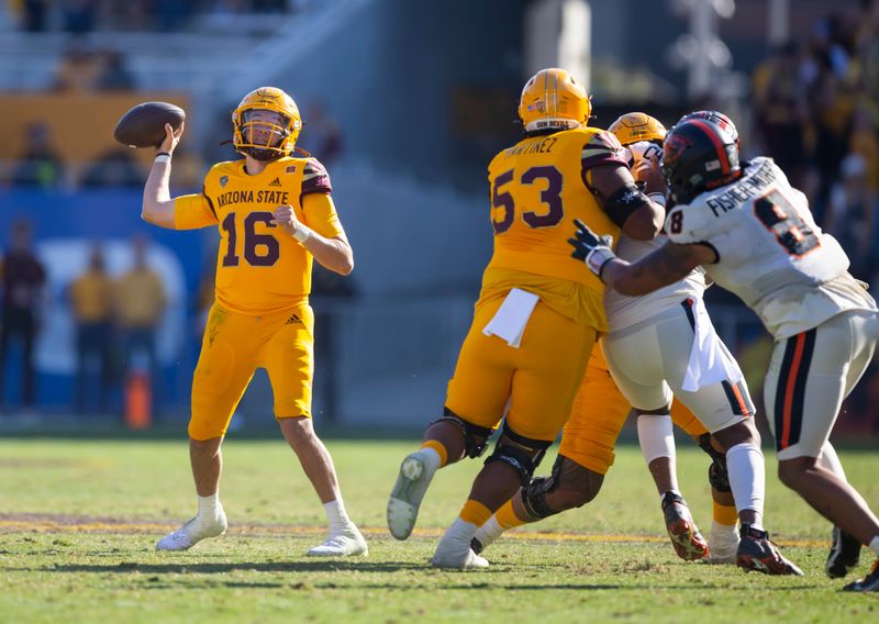 Nov 19, 2022; Tempe, Arizona, USA; Arizona State Sun Devils quarterback Trenton Bourguet (16) against the Oregon State Beavers during the second half at Sun Devil Stadium. Mandatory Credit: Mark J. Rebilas-USA TODAY Sports