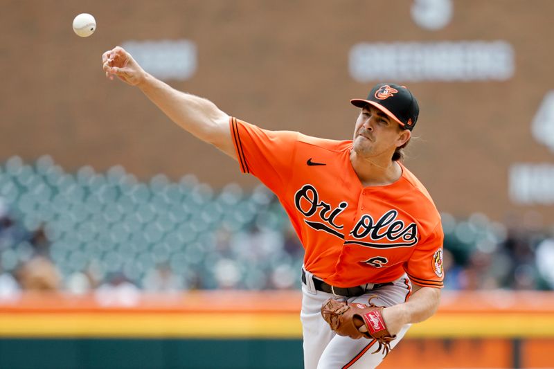 Apr 29, 2023; Detroit, Michigan, USA;  Baltimore Orioles starting pitcher Dean Kremer (64) pitches in the first inning against the Detroit Tigers at Comerica Park. Mandatory Credit: Rick Osentoski-USA TODAY Sports