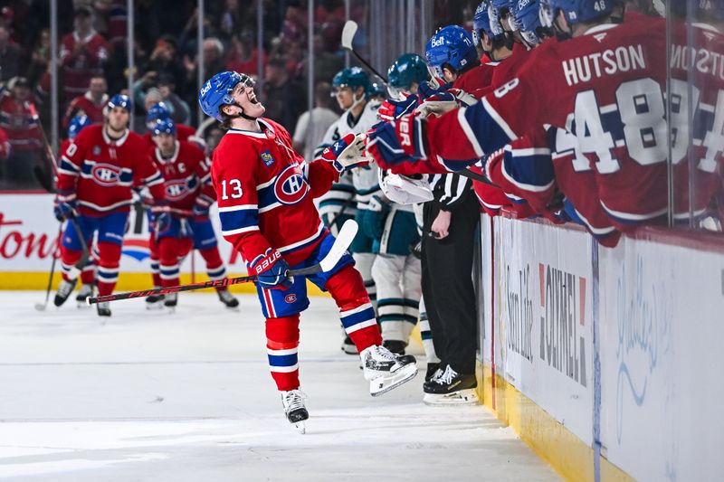 Mar 14, 2026; Montreal, Quebec, CAN; Montreal Canadiens right wing Cole Caufield (13) reacts after scoring a goal against the San Jose Sharks during the first period at Bell Centre. Mandatory Credit: David Kirouac-Imagn Images Mar 14, 2026; Montreal, Quebec, CAN; Montreal Canadiens right wing Cole Caufield (13) reacts after scoring a goal against the San Jose Sharks during the first period at Bell Centre. Mandatory Credit: David Kirouac-Imagn Images