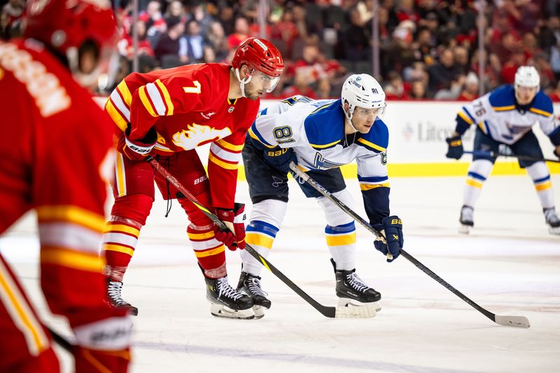 Dec 5, 2024; Calgary, Alberta, CAN; Calgary Flames defenseman Kevin Bahl (7) and St. Louis Blues left wing Dylan Holloway (81) get ready for a faceoff during the third period at Scotiabank Saddledome. Mandatory Credit: Brett Holmes-Imagn Images