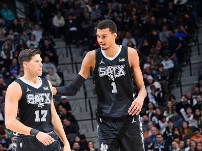 SAN ANTONIO, TX - DECEMBER 26: Doug McDermott #17 and Victor Wembanyama #1 of the San Antonio Spurs during the game against the Utah Jazz on December 26, 2023 at the Frost Bank Center in San Antonio, Texas. NOTE TO USER: User expressly acknowledges and agrees that, by downloading and or using this photograph, user is consenting to the terms and conditions of the Getty Images License Agreement. Mandatory Copyright Notice: Copyright 2023 NBAE (Photos by Michael Gonzales/NBAE via Getty Images)