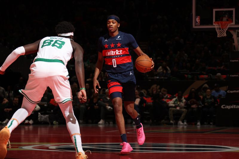 WASHINGTON, DC -? NOVEMBER 22: Bilal Coulibaly #0 of the Washington Wizards dribbles the ball during the game against the Boston Celtics  during the Emirates NBA Cup game on November 22, 2024 at Capital One Arena in Washington, DC. NOTE TO USER: User expressly acknowledges and agrees that, by downloading and or using this Photograph, user is consenting to the terms and conditions of the Getty Images License Agreement. Mandatory Copyright Notice: Copyright 2024 NBAE (Photo by Stephen Gosling/NBAE via Getty Images)