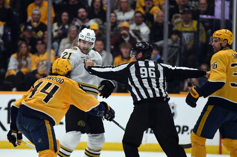 Apr 2, 2024; Nashville, Tennessee, USA; NHL linesman David Brisebois (96) works to separate Nashville Predators left wing Kiefer Sherwood (44) and left wing Cole Smith (36) from Boston Bruins left wing James van Riemsdyk (21) during the second period at Bridgestone Arena. Mandatory Credit: Christopher Hanewinckel-USA TODAY Sports