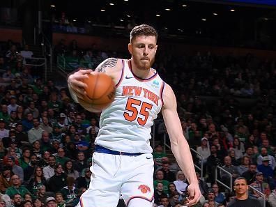 BOSTON, MA - DECEMBER 8: Isaiah Hartenstein #55 of the New York Knicks grabs the rebound during the game  on December 8, 2023 at the TD Garden in Boston, Massachusetts. NOTE TO USER: User expressly acknowledges and agrees that, by downloading and or using this photograph, User is consenting to the terms and conditions of the Getty Images License Agreement. Mandatory Copyright Notice: Copyright 2023 NBAE  (Photo by Brian Babineau/NBAE via Getty Images)