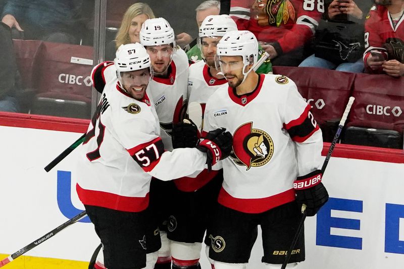 Mar 5, 2025; Chicago, Illinois, USA; Ottawa Senators center Josh Norris (9) celebrates his goal against the Chicago Blackhawks during the second period at United Center. Mandatory Credit: David Banks-Imagn Images