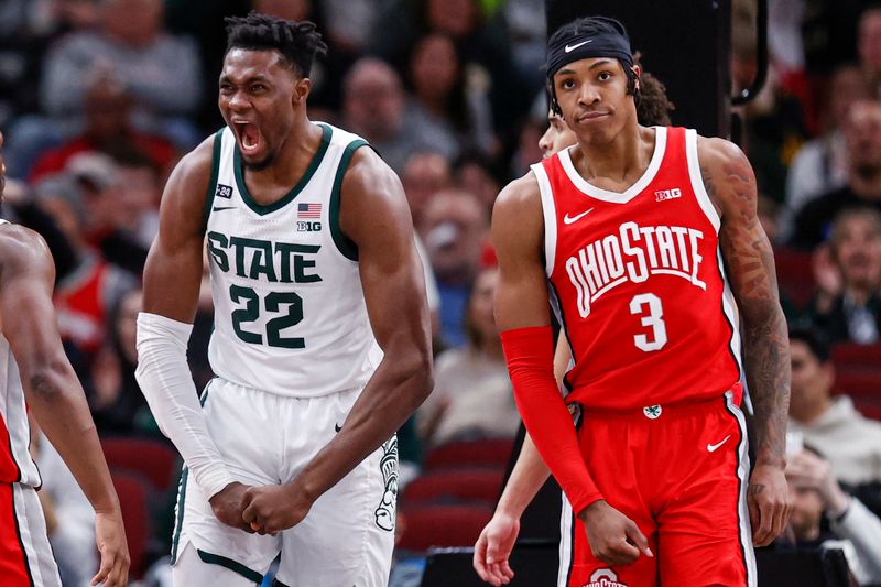 Mar 10, 2023; Chicago, IL, USA; Michigan State Spartans center Mady Sissoko (22) reacts after scoring against the Ohio State Buckeyes during the first half at United Center. Mandatory Credit: Kamil Krzaczynski-USA TODAY Sports