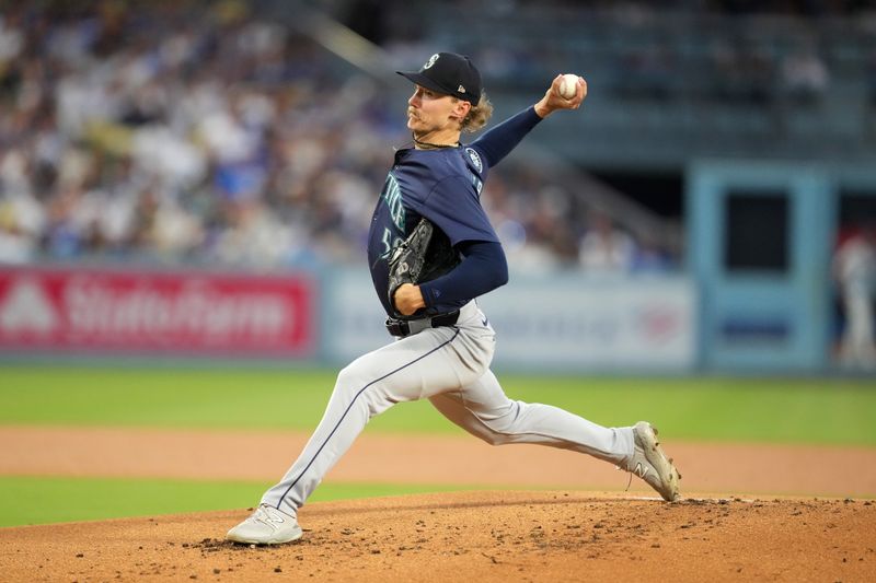 Aug 20, 2024; Los Angeles, California, USA; Seattle Mariners starting pitcher Bryce Miller (50) throws in the first inning against the Los Angeles Dodgers at Dodger Stadium. Mandatory Credit: Kirby Lee-USA TODAY Sports