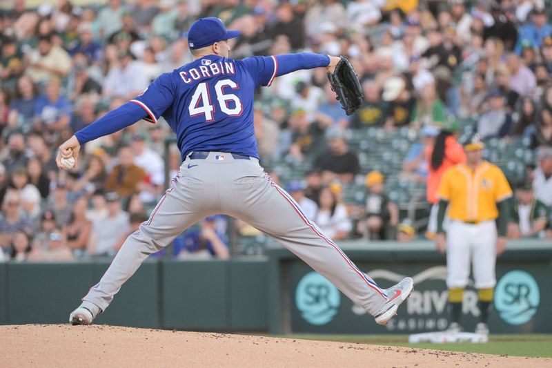Apr 22, 2025; West Sacramento, California, USA; Texas Rangers pitcher Patrick Corbin (46) throws a pitch during the first inning of the game against the Athletics at Sutter Health Park. Mandatory Credit: Ed Szczepanski-Imagn Images