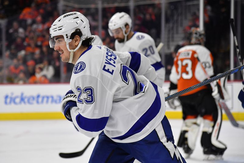 Jan 23, 2024; Philadelphia, Pennsylvania, USA; Tampa Bay Lightning center Michael Eyssimont (23) skates back to the bench after scoring a goal against the Philadelphia Flyers during the second period at Wells Fargo Center. Mandatory Credit: Eric Hartline-USA TODAY Sports