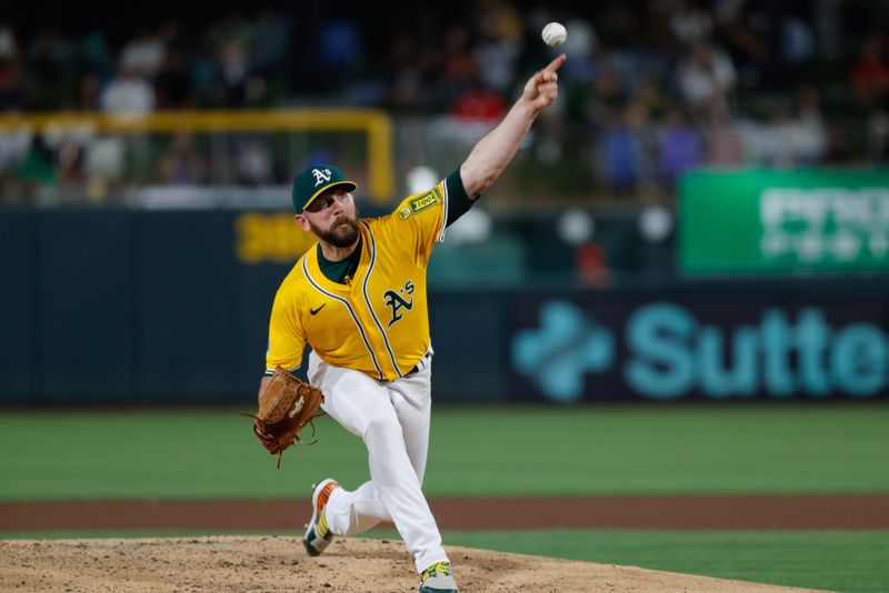 May 20, 2025; West Sacramento, California, USA; Athletics pitcher Hogan Harris (36) throws a pitch during the seventh inning against the Los Angeles Angels at Sutter Health Park. Mandatory Credit: Sergio Estrada-Imagn Images