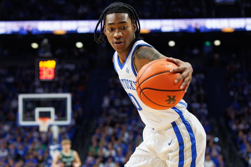 Nov 24, 2023; Lexington, Kentucky, USA; Kentucky Wildcats guard Rob Dillingham (0) grabs the inbounds pass during the first half against the Marshall Thundering Herd at Rupp Arena at Central Bank Center. Mandatory Credit: Jordan Prather-USA TODAY Sports