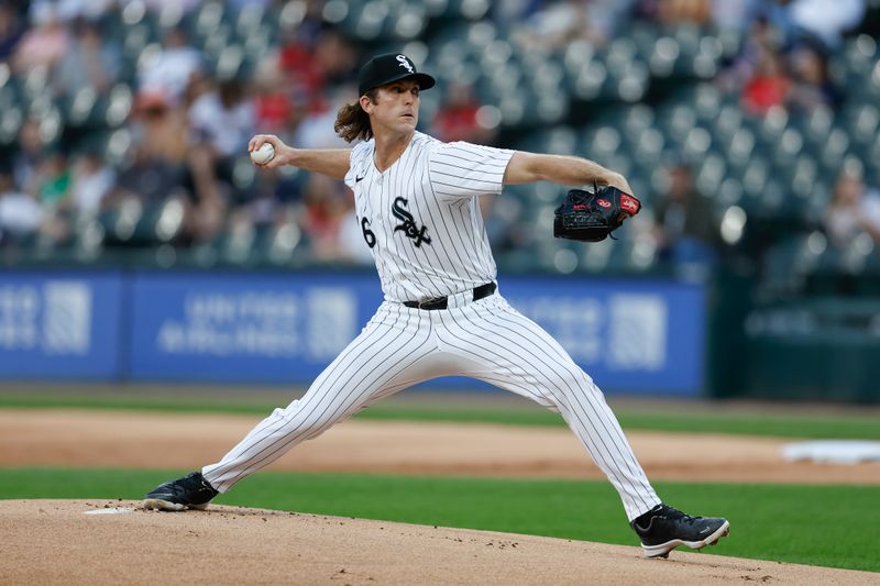 Jun 6, 2024; Chicago, Illinois, USA; Chicago White Sox starting pitcher Jake Woodford (46) delivers a pitch against the Boston Red Sox during the first inning at Guaranteed Rate Field. Mandatory Credit: Kamil Krzaczynski-USA TODAY Sports