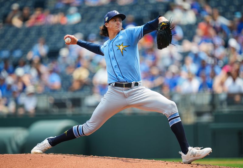 Jul 15, 2023; Kansas City, Missouri, USA; Tampa Bay Rays starting pitcher Tyler Glasnow (20) pitches during the secod inning against the Kansas City Royals at Kauffman Stadium. Mandatory Credit: Jay Biggerstaff-USA TODAY Sports