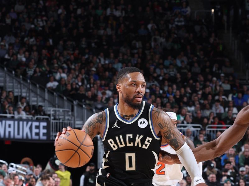 MILWAUKEE, WI - APRIL 7: Damian Lillard #0 of the Milwaukee Bucks dribbles the ball during the game against the New York Knicks on April 7, 2024 at the Fiserv Forum Center in Milwaukee, Wisconsin. NOTE TO USER: User expressly acknowledges and agrees that, by downloading and or using this Photograph, user is consenting to the terms and conditions of the Getty Images License Agreement. Mandatory Copyright Notice: Copyright 2024 NBAE (Photo by Jeff Haynes/NBAE via Getty Images).