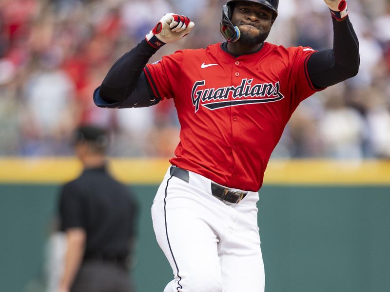 Apr 14, 2024; Cleveland, Ohio, USA; Cleveland Guardians pinch hitter Estevan Florial (90) celebrates his solo home run during the eighth inning against the New York Yankees at Progressive Field. Mandatory Credit: Scott Galvin-USA TODAY Sports