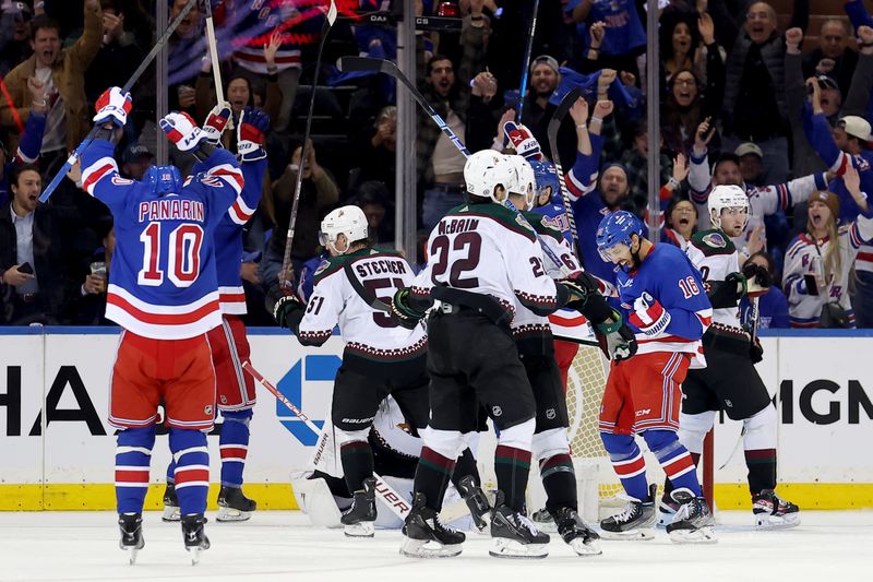 Oct 16, 2023; New York, New York, USA; New York Rangers center Vincent Trocheck (16) celebrates his goal against the Arizona Coyotes during the third period at Madison Square Garden. Mandatory Credit: Brad Penner-USA TODAY Sports