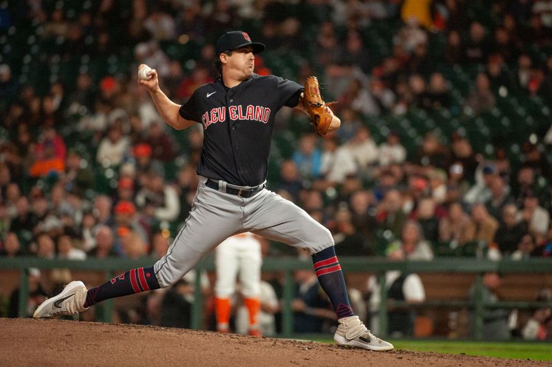 Sep 12, 2023; San Francisco, California, USA; Cleveland Guardians starting pitcher Cal Quantrill (47) throws a pitch during the fourth inning against the San Francisco Giants at Oracle Park. Mandatory Credit: Ed Szczepanski-USA TODAY Sports