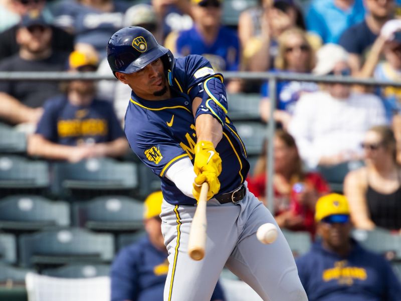 Feb 27, 2024; Tempe, Arizona, USA; Milwaukee Brewers infielder Willy Adames against the Los Angeles Angels during a spring training game at Tempe Diablo Stadium. Mandatory Credit: Mark J. Rebilas-USA TODAY Sports