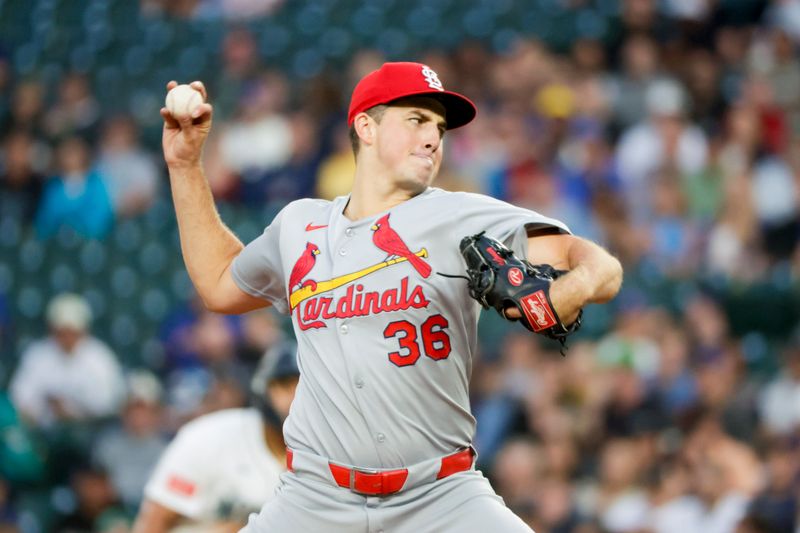 Sep 10, 2025; Seattle, Washington, USA; St. Louis Cardinals starting pitcher Michael McGreevy (36) throws against the Seattle Mariners during the second inning at T-Mobile Park. Mandatory Credit: Joe Nicholson-Imagn Images