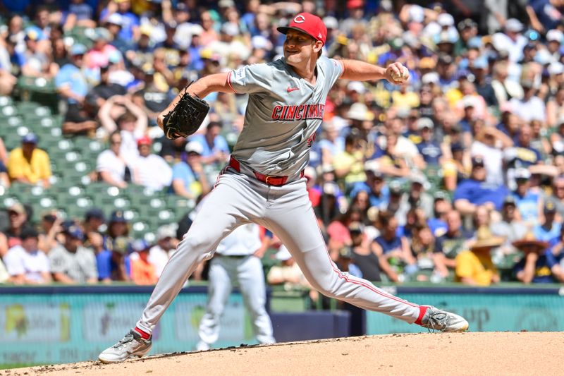 Aug 11, 2024; Milwaukee, Wisconsin, USA; Cincinnati Reds starting pitcher Nick Lodolo (40) pitches against the Milwaukee Brewers in the first inning at American Family Field. Mandatory Credit: Benny Sieu-USA TODAY Sports