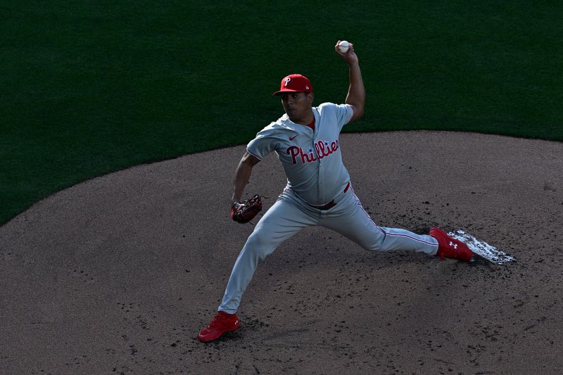 Apr 27, 2024; San Diego, California, USA; Philadelphia Phillies starting pitcher Ranger Suarez (55) throws a pitch against the San Diego Padres during the first inning at Petco Park. Mandatory Credit: Orlando Ramirez-USA TODAY Sports