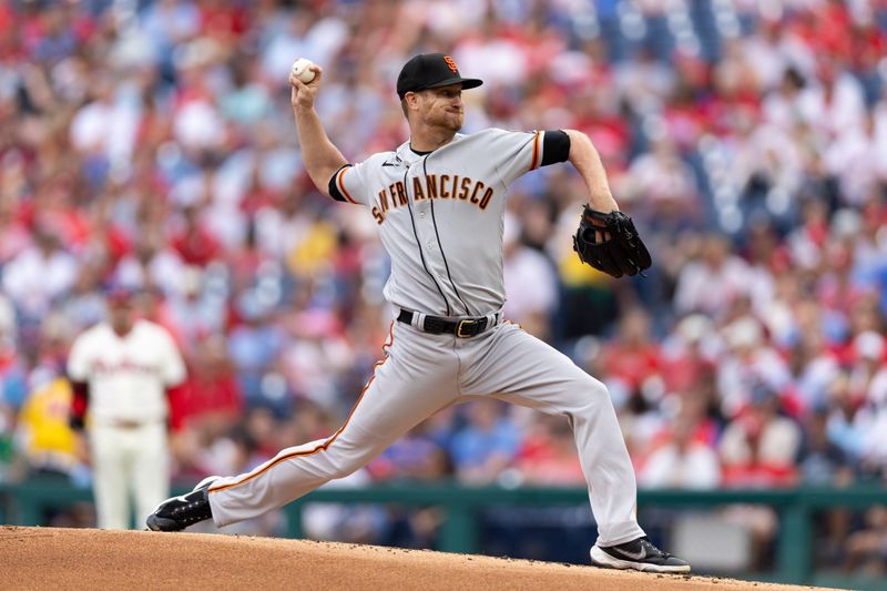 Aug 23, 2023; Philadelphia, Pennsylvania, USA; San Francisco Giants starting pitcher Alex Cobb (38) throws a pitch during the first inning Philadelphia Phillies at Citizens Bank Park. Mandatory Credit: Bill Streicher-USA TODAY Sports