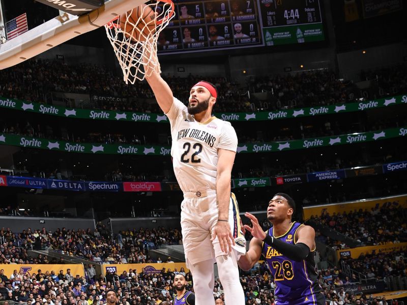 LOS ANGELES, CA - FEBRUARY 9: Larry Nance Jr. #22 of the New Orleans Pelicans drives to the basket during the game against the Los Angeles Lakers on February 9, 2024 at Crypto.Com Arena in Los Angeles, California. NOTE TO USER: User expressly acknowledges and agrees that, by downloading and/or using this Photograph, user is consenting to the terms and conditions of the Getty Images License Agreement. Mandatory Copyright Notice: Copyright 2024 NBAE (Photo by Andrew D. Bernstein/NBAE via Getty Images)