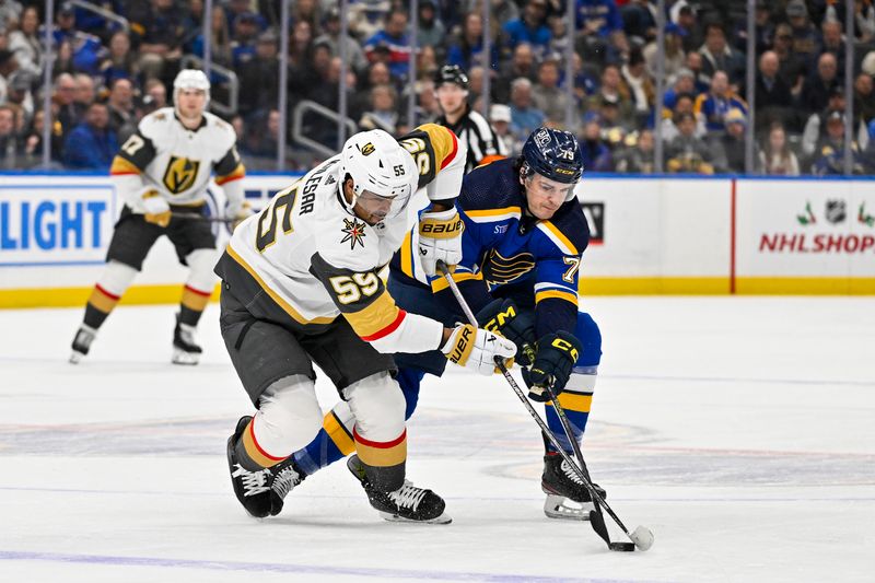 Dec 6, 2023; St. Louis, Missouri, USA;  Vegas Golden Knights right wing Keegan Kolesar (55) and St. Louis Blues left wing Sammy Blais (79) battle for the puck during the first period at Enterprise Center. Mandatory Credit: Jeff Curry-USA TODAY Sports