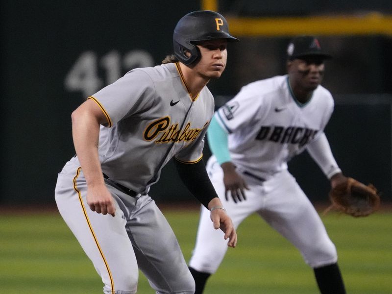 Jul 8, 2023; Phoenix, Arizona, USA; Pittsburgh Pirates center fielder Jack Suwinski (65) leads off second base against the Arizona Diamondbacks during the sixth inning at Chase Field. Mandatory Credit: Joe Camporeale-USA TODAY Sports