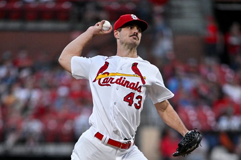 Sep 1, 2023; St. Louis, Missouri, USA;  St. Louis Cardinals starting pitcher Dakota Hudson (43) pitches against the Pittsburgh Pirates during the first inning at Busch Stadium. Mandatory Credit: Jeff Curry-USA TODAY Sports